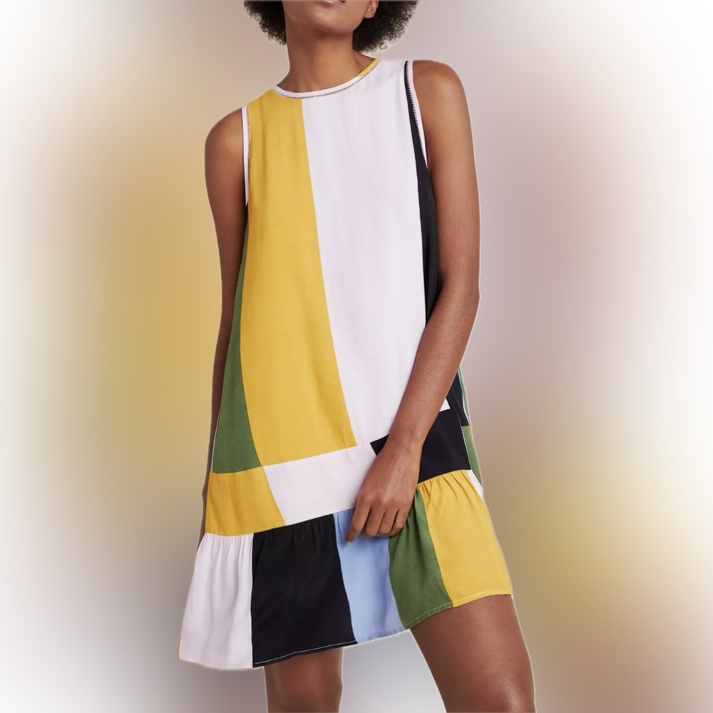 Colorblock Sleeveless Shift Dress - Yellow/White/Black by